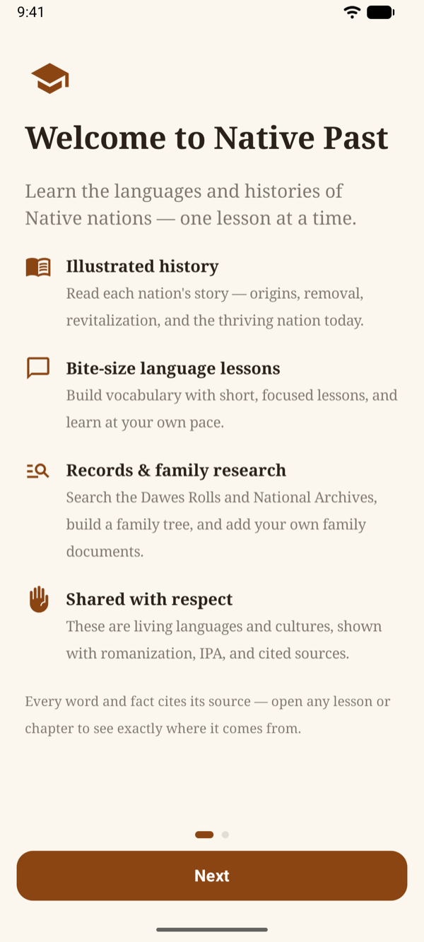 The welcome screen with the four things Native Past does and the Next button