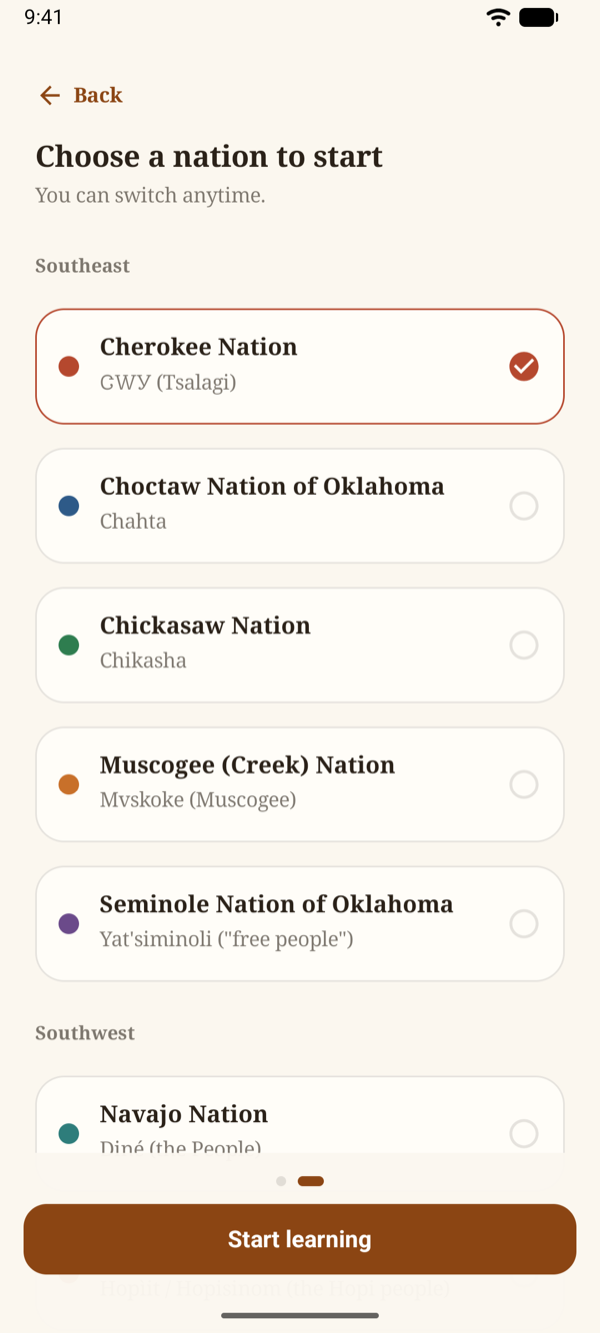 The choose-a-nation page listing the nations by region