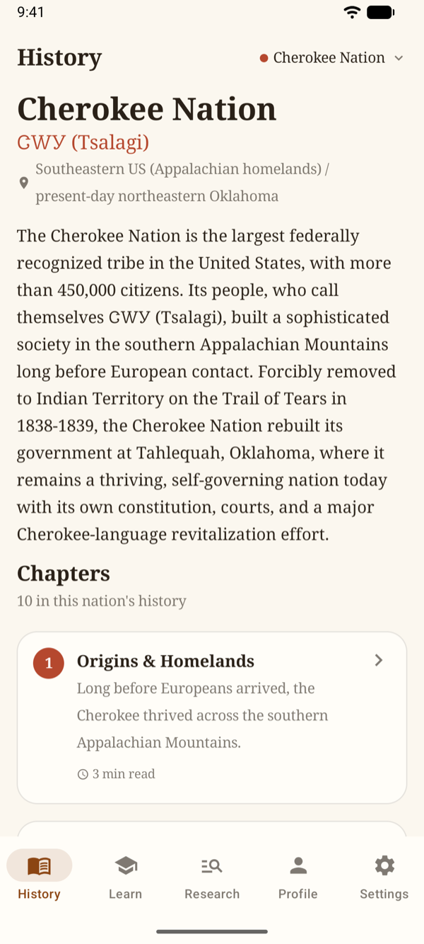The History tab for the Cherokee Nation with the Chapters list and reading times