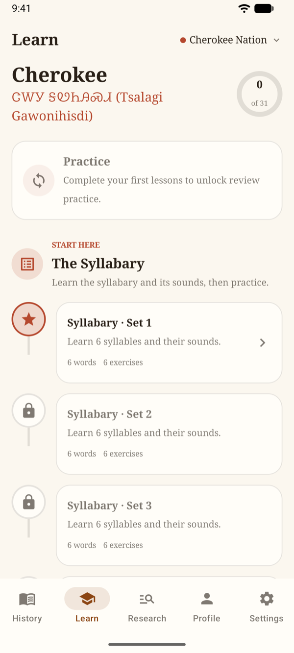 The Learn course map with the Start here writing-system section and the first unit