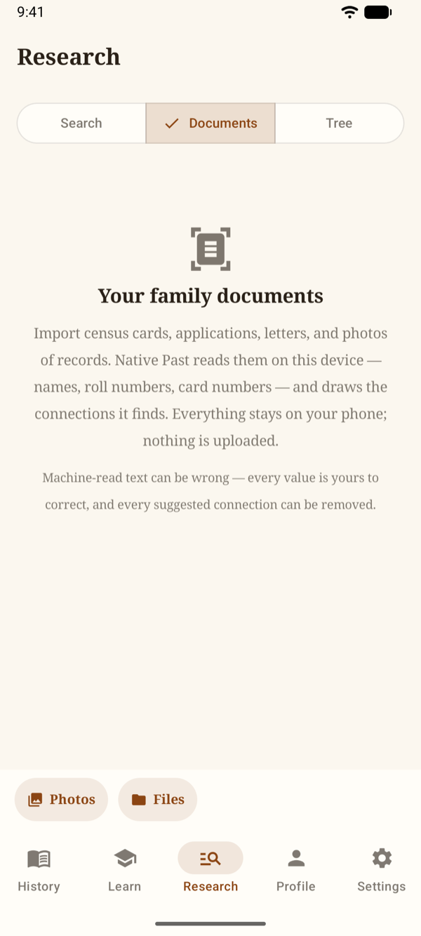 Research › Documents with the empty vault and the Photos and Files import buttons