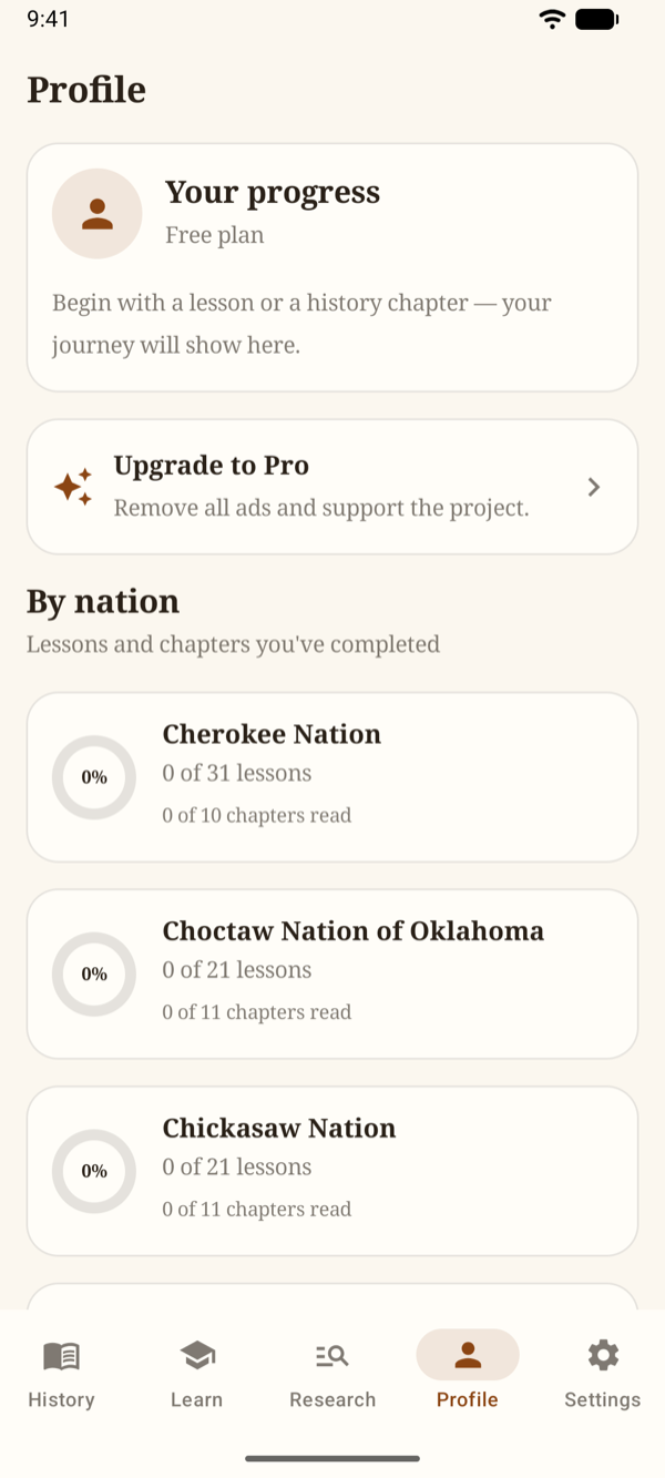 The Profile tab with lessons completed and chapters read