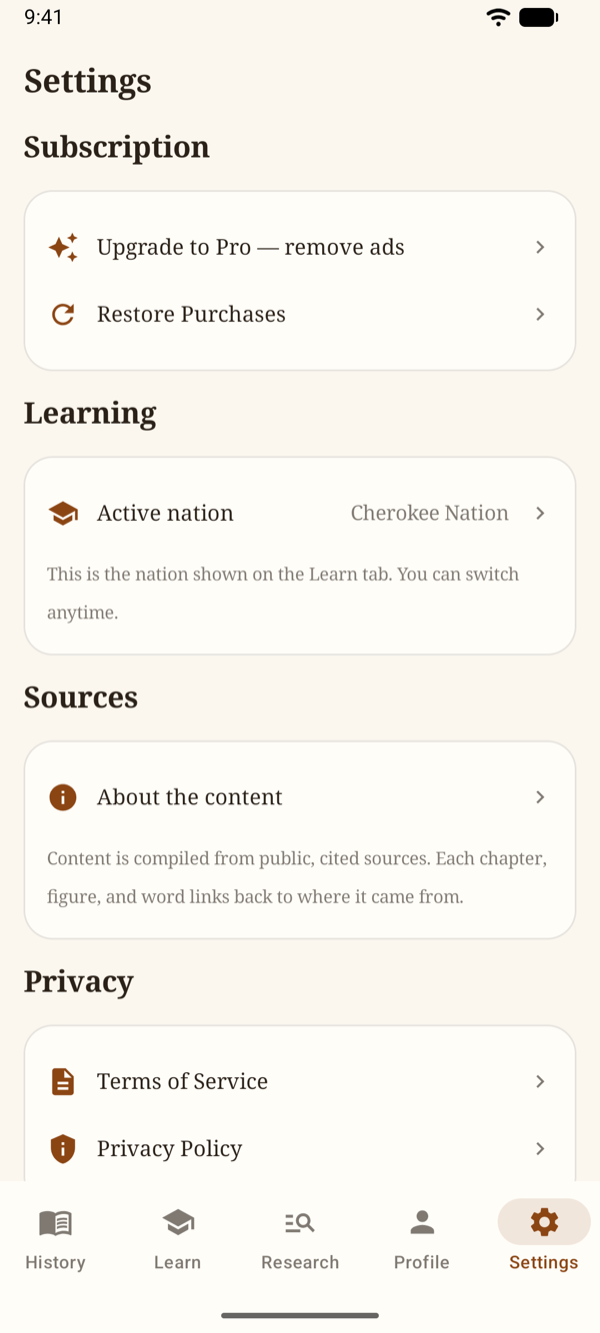 The Settings tab with Learning, Subscription, Privacy, and About