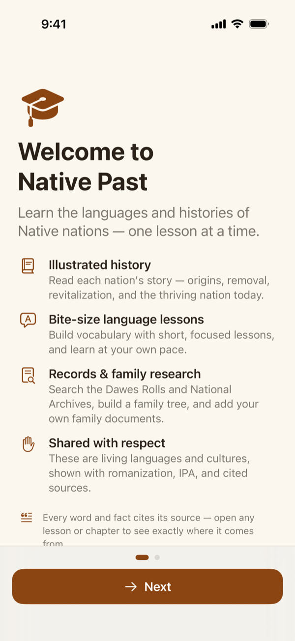 The welcome screen with the four things Native Past does and the Next button