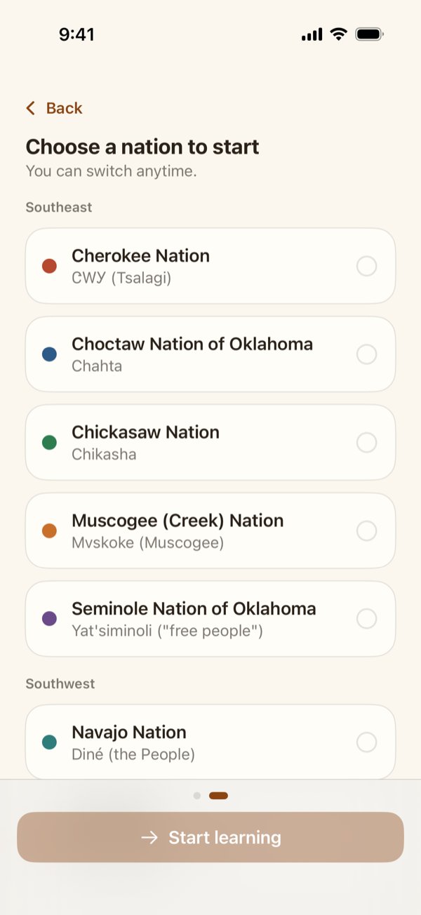 The choose-a-nation page listing the nations by region