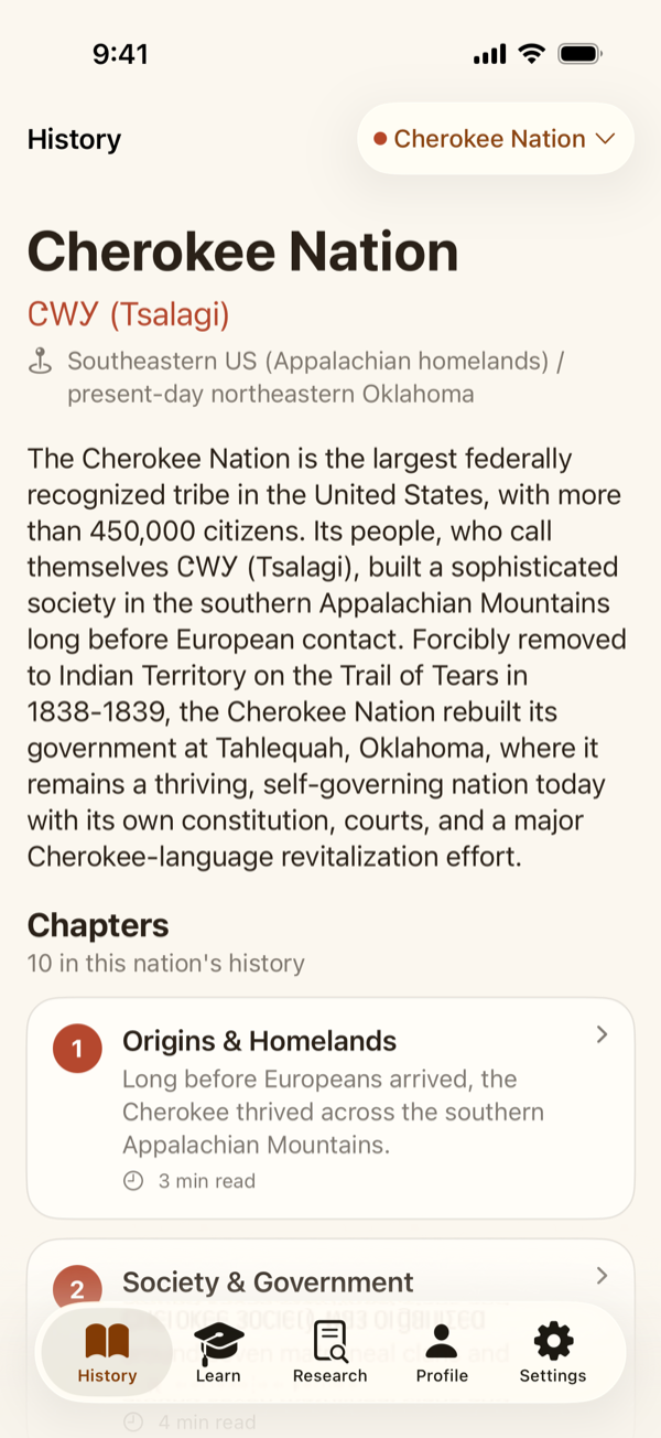 The History tab for the Cherokee Nation with the Chapters list and reading times