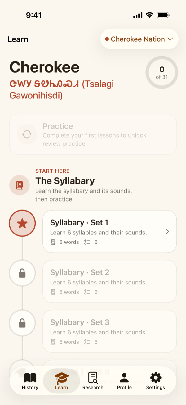 The Learn course map with the Start here writing-system section and the first unit