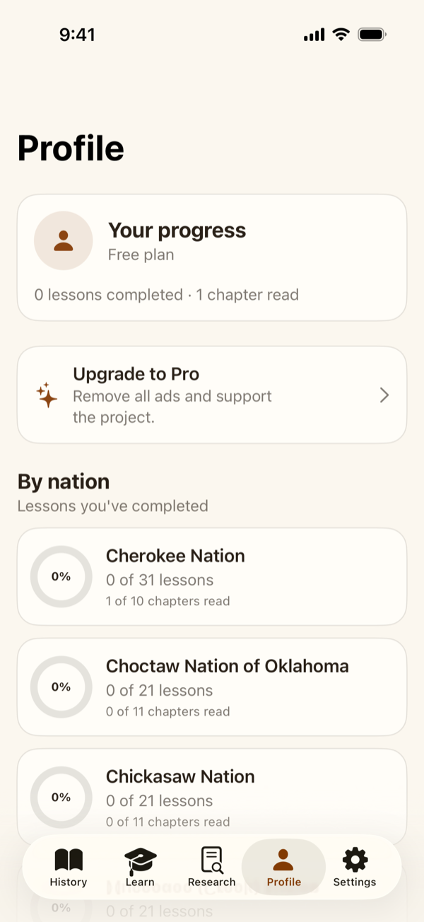 The Profile tab with lessons completed and chapters read
