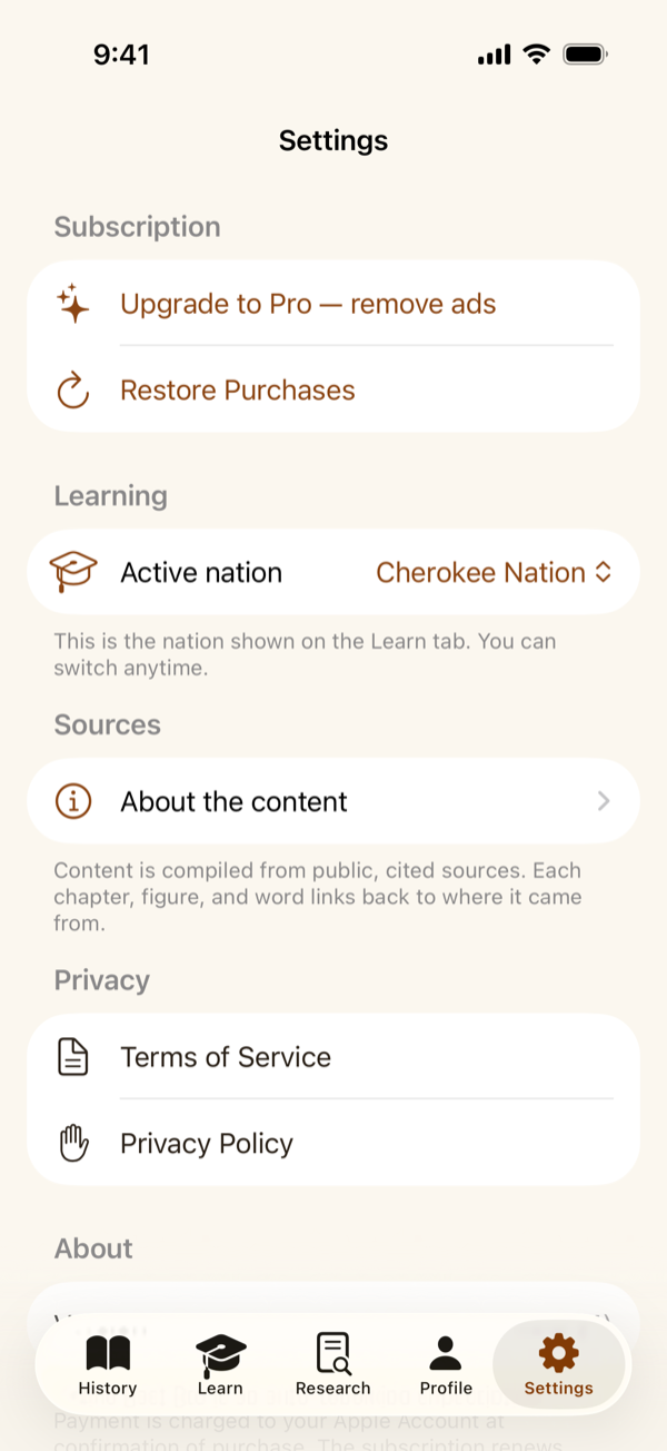 The Settings tab with Learning, Subscription, Privacy, and About