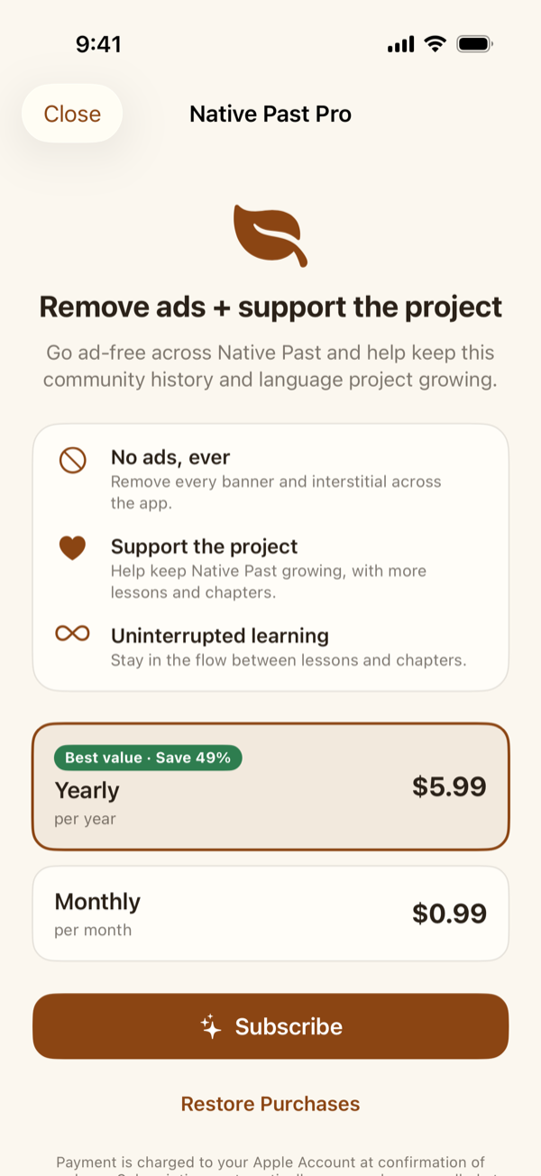 The Native Past Pro screen with its benefits and the Yearly and Monthly plans
